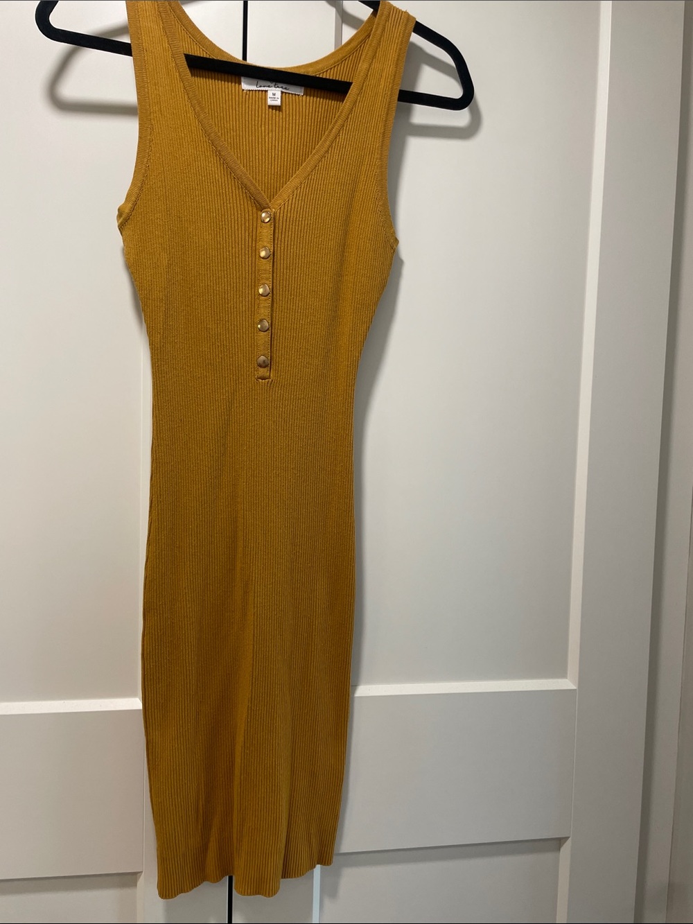 Lovers + Friends Mustard Ribbed Button-Front Midi Dress
